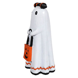 Cute ghost holding a jack-o-lantern bag with black eyes and orange zigzag trim halloween ghost figures decor