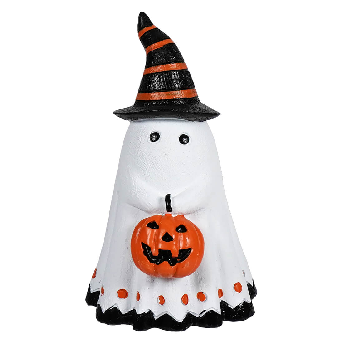 Cute ghost holding a halloween vintage collection ghost figurine with a black and orange witch hat and jack-o-lantern bucket