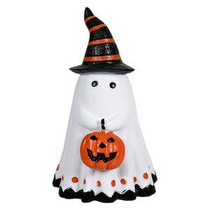 Cute ghost holding a halloween vintage collection ghost figurine with a black and orange witch hat and jack-o-lantern bucket