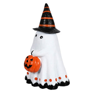 Cute ghost holding jack o lantern bucket with black and orange witch hat perfect for halloween ghost figures decor ornaments