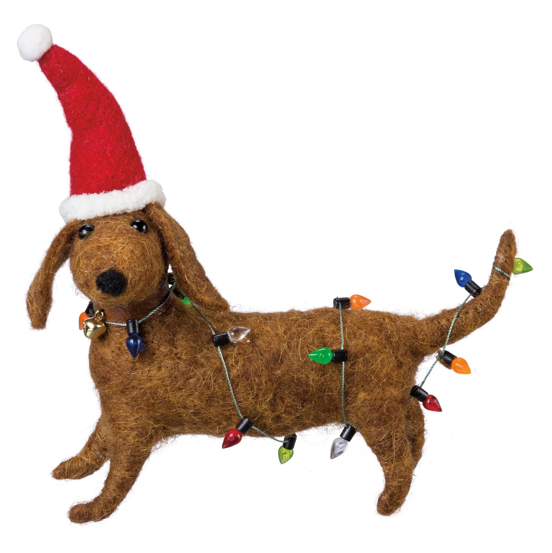 Brown felt dachshund ornament wearing red santa hat with colorful christmas lights lighted decor figural decor