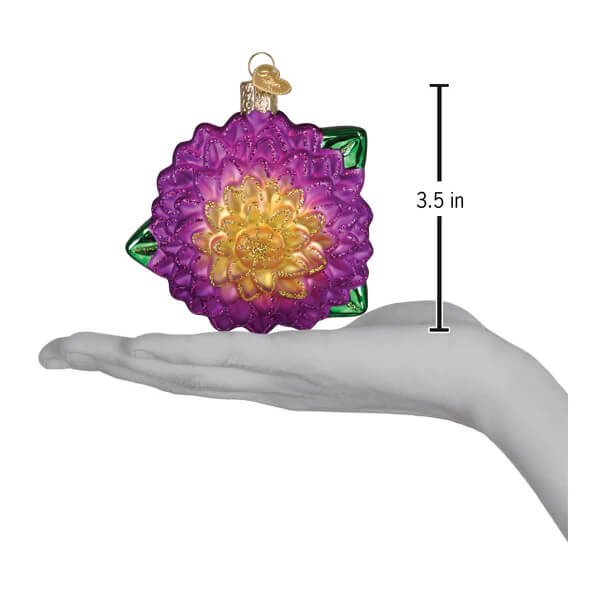 Vibrant purple and gold glass dahlia ornament with green leaf accents perfect for christmas decoration