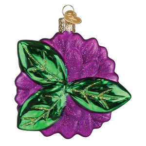Purple glittery glass dahlia ornament with vibrant green leaves outlined in gold perfect for christmas decor