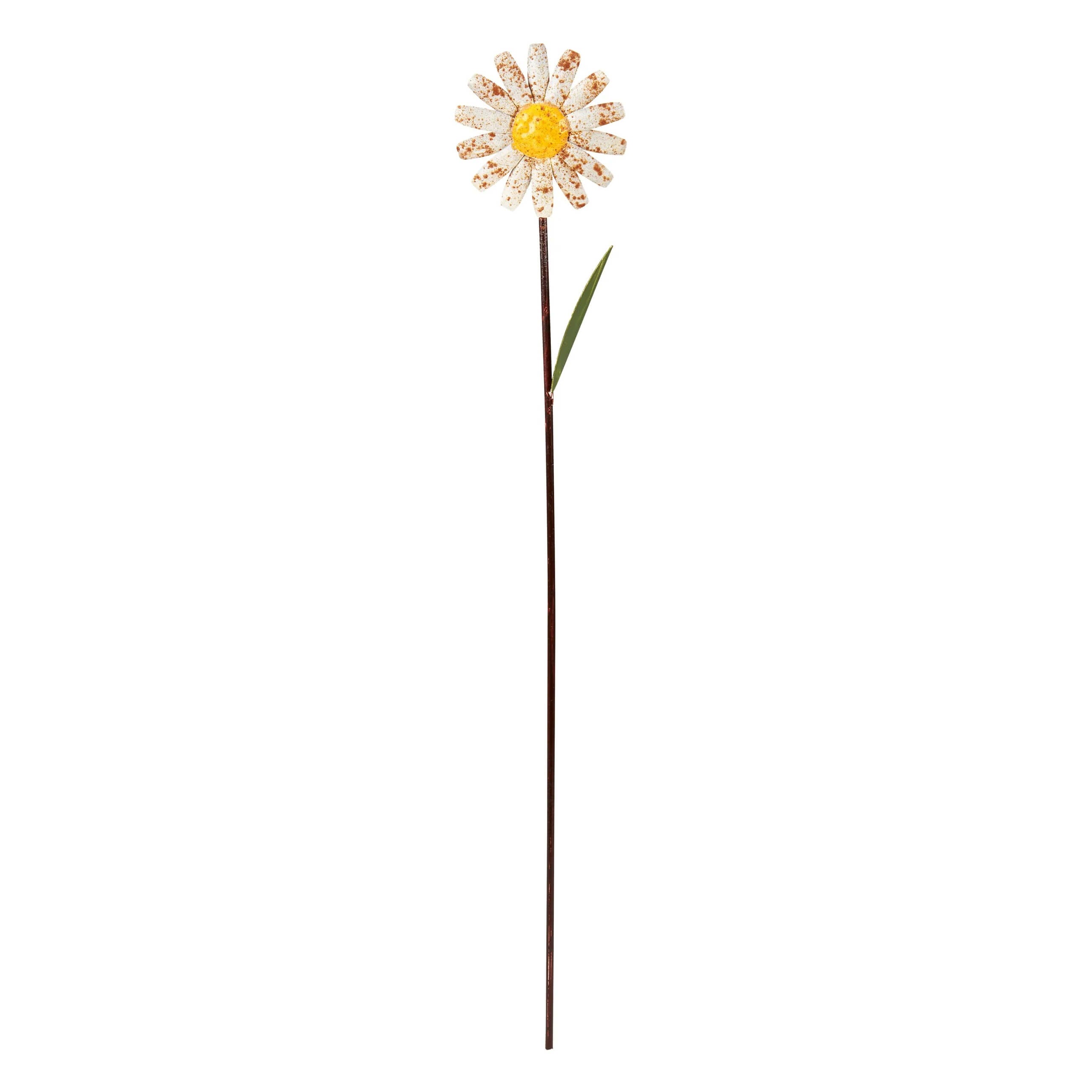 A rustic white and yellow daisy garden pick with a weathered finish and yellow center decor piece for outdoors