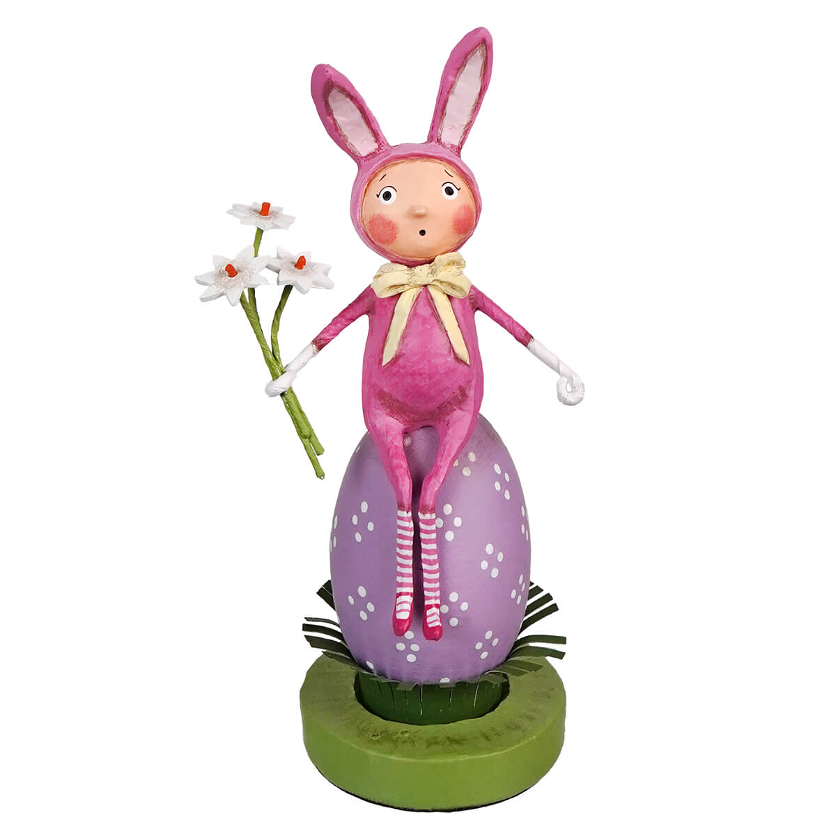Daisy may lori mitchell pink bunny figurine with yellow bow on purple polka-dotted egg spring decor & ornaments