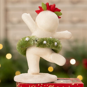 A glittery white bethany lowe design dancing snowman girl figurine with poinsettia crown and festive garland belt