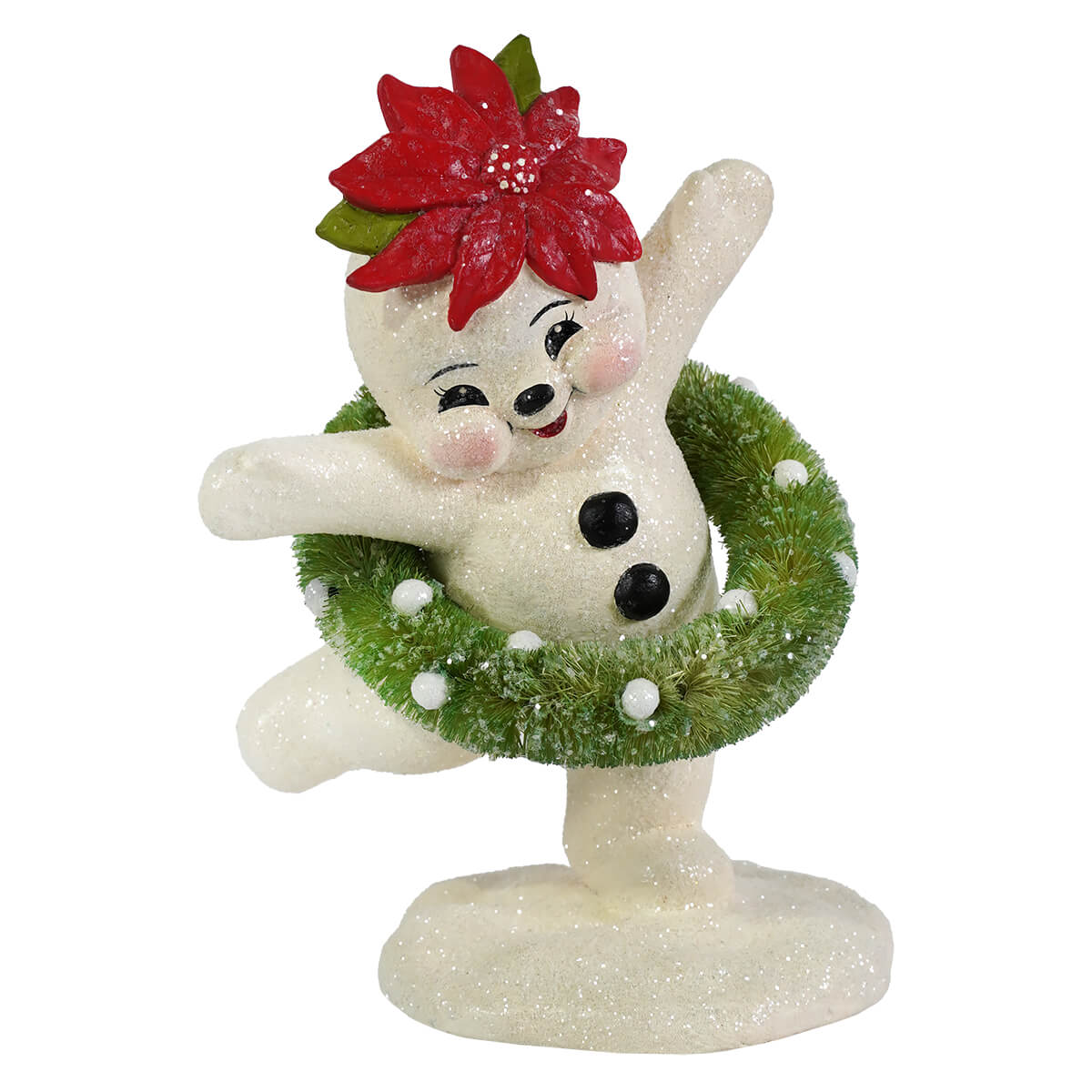 A glittery white bethany lowe design dancing snowman girl holding a green wreath with red poinsettia for christmas decor