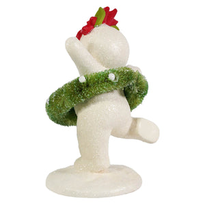 Dancing snowman girl figurine by bethany lowe design is a white glittery christmas snowman decor with green tinsel wreath