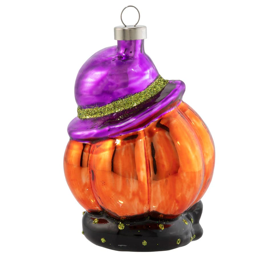 Dapper jack ornament vibrant orange glass pumpkin topped with glossy purple witch hat candy ornament