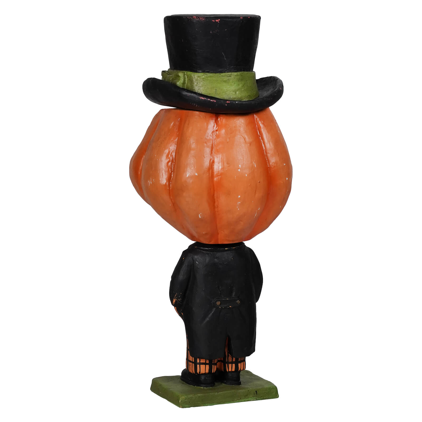 Dashing peter pumpkinhead glossy orange halloween pumpkin figurine wearing black top hat and plaid trousers