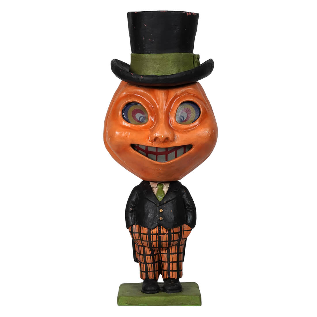 Dashing peter pumpkinhead figurine with pumpkin head, top hat, and plaid pants perfect for halloween pumpkins decor