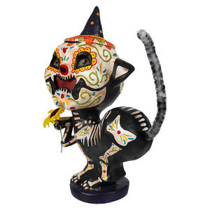Day of the dead kitty luminary black cat figurine with sugar skull face purple witch hat and yellow flowers halloween luminaries