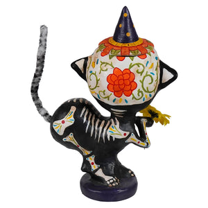 Day of the dead kitty luminary black sugar skull cat figurine with orange flower and purple hat halloween luminaries