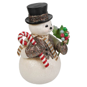 Dazzling sammy snowman christmas snowman figure glittery white with black top hat holding candy canes and holly wreath