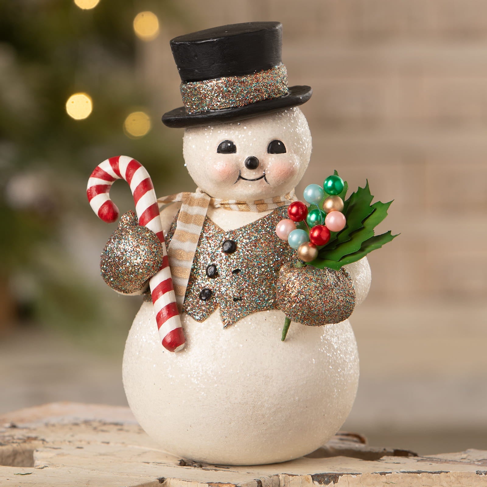 Dazzling sammy snowman white glittery christmas snowman figures and decor holding candy cane and colorful beads