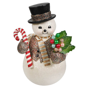 Dazzling sammy snowman glittery christmas snowman figure wearing black top hat holding candy cane and colorful pearls decor