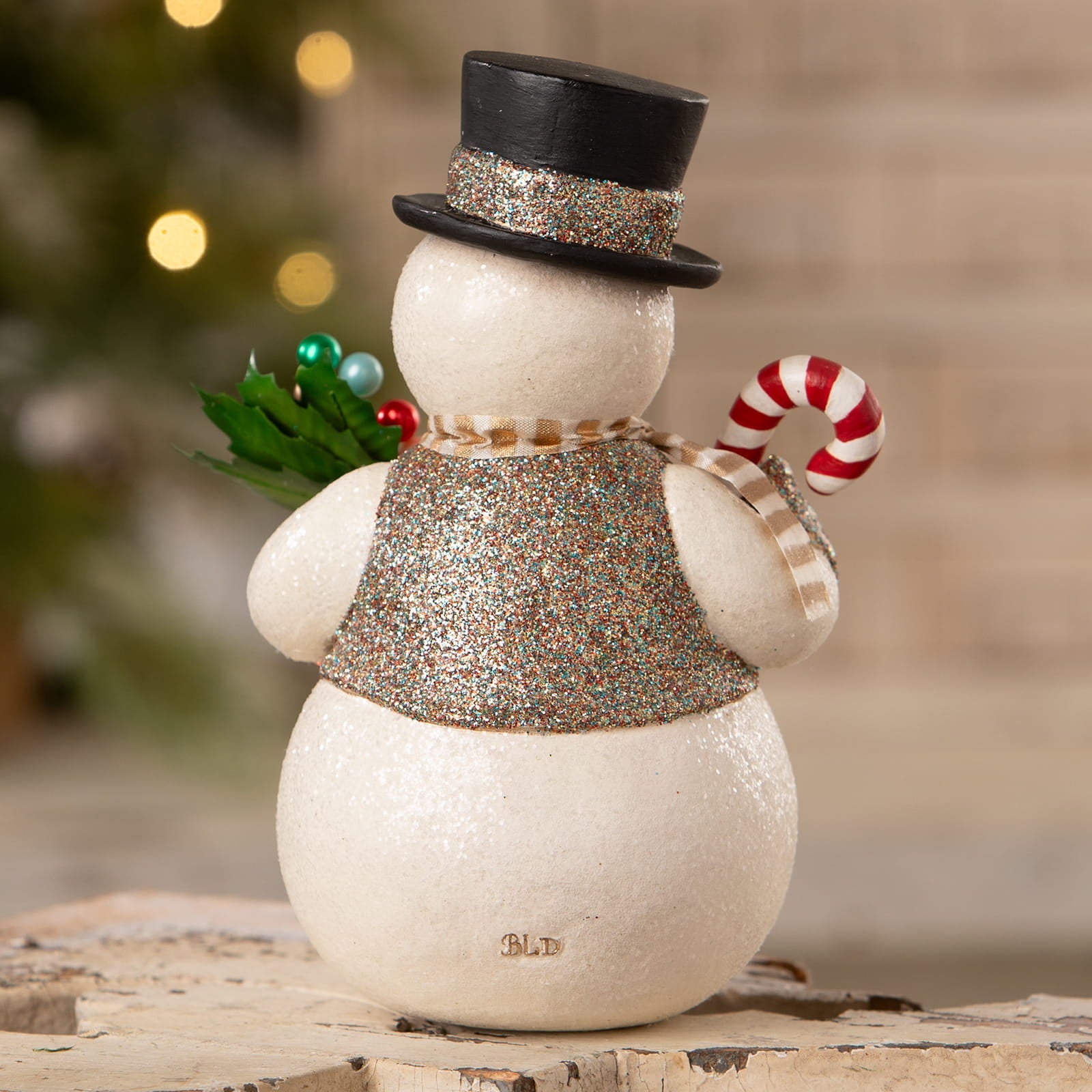 Dazzling sammy snowman christmas snowman figure in white with glitter top hat and sparkling gold silver vest decor