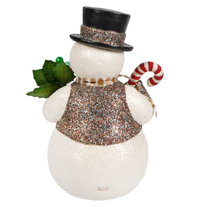 Dazzling sammy snowman christmas snowman figures glittery white with black top hat candy cane and green holly decor