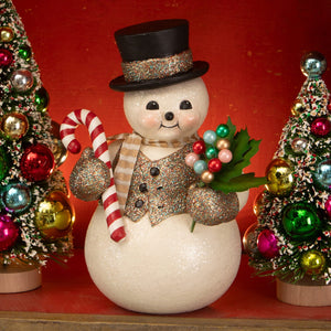 A dazzling sammy snowman white glitter christmas snowman figure with a black top hat holding candy cane and beads decor