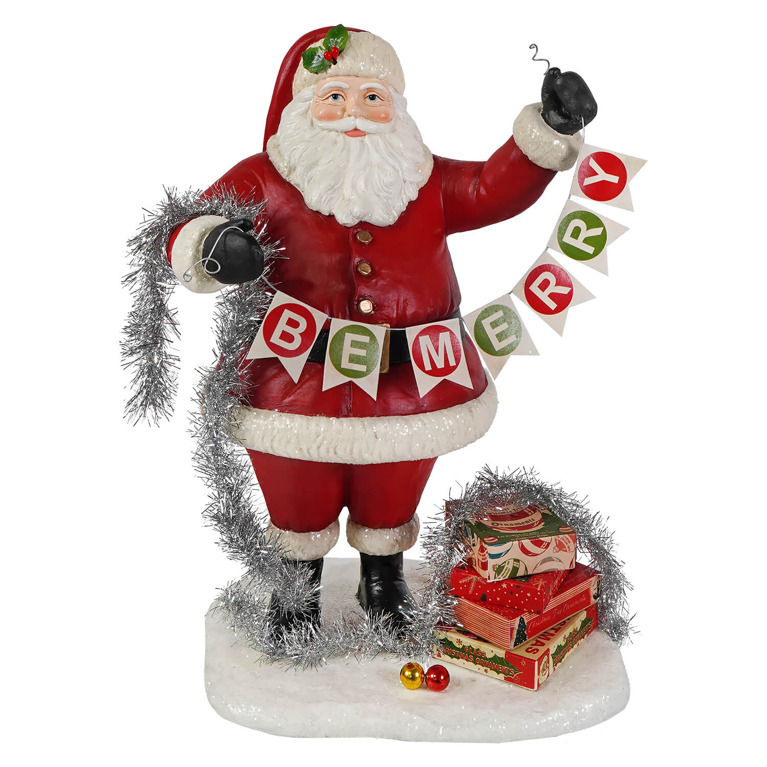 Deck the halls santa bethany lowe designs red and white santa figure with be merry banner and gift boxes at feet