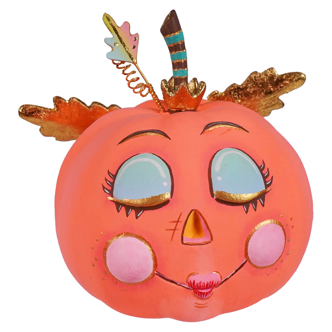 Whimsical orange pumpkin figurine in a demure peachy pink pixie pumpkin perfect for halloween pumpkin pixie display