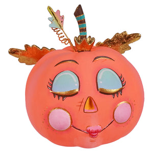 Whimsical orange pumpkin figurine in a demure peachy pink pixie pumpkin perfect for halloween pumpkin pixie display