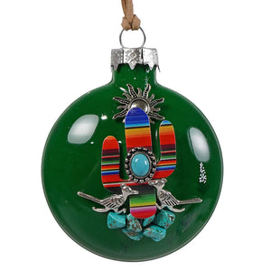 Green glass desert fiesta roadrunner ornament with colorful striped cactus turquoise stones and silver birds