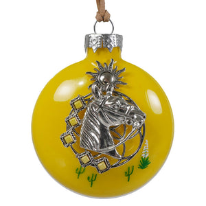 Bright yellow glass stallion ornament features detailed silver horse head with sunburst design hanging from leather loop