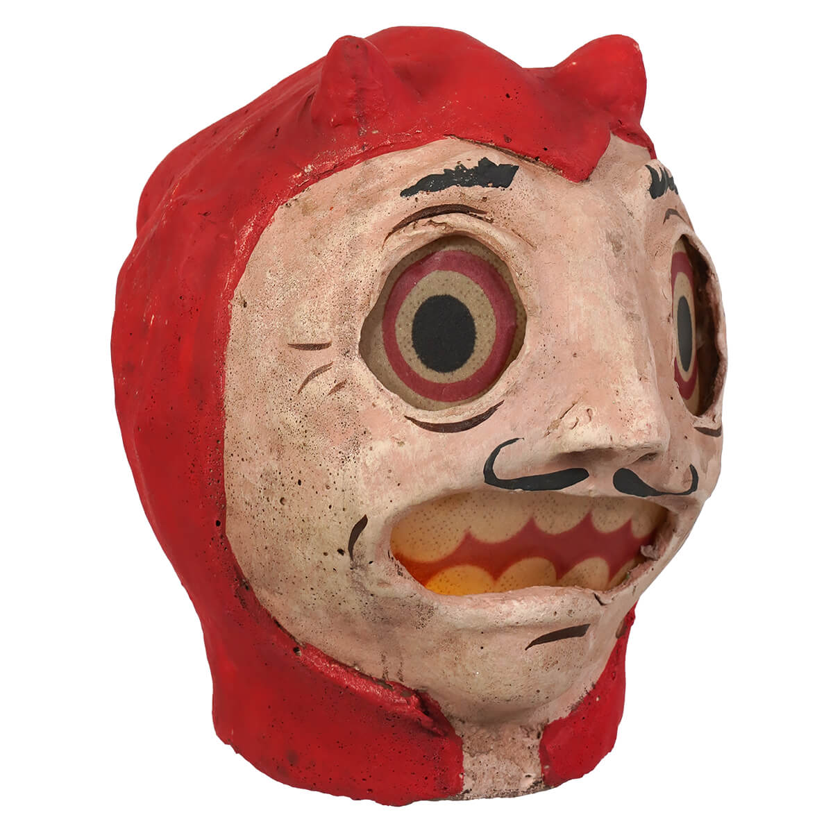 Hand-painted ceramic devil lantern with a red hood wide eyes and yellow teeth figural decor by rachel garrison