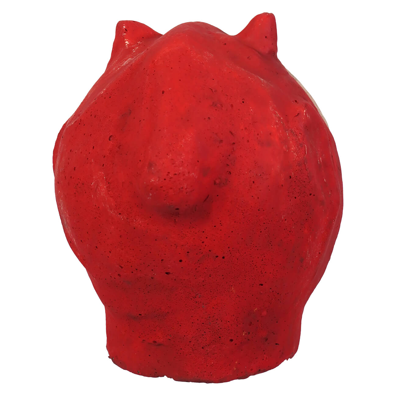 Vibrant red concrete devil lantern sculpture by rachel garrison shaped like stylized animal head with pointed ears figural decor