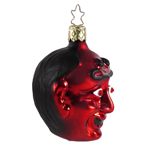 Glossy red and black glass devil’s head ornament with white eyes and gold top detailing perfect for halloween ornaments