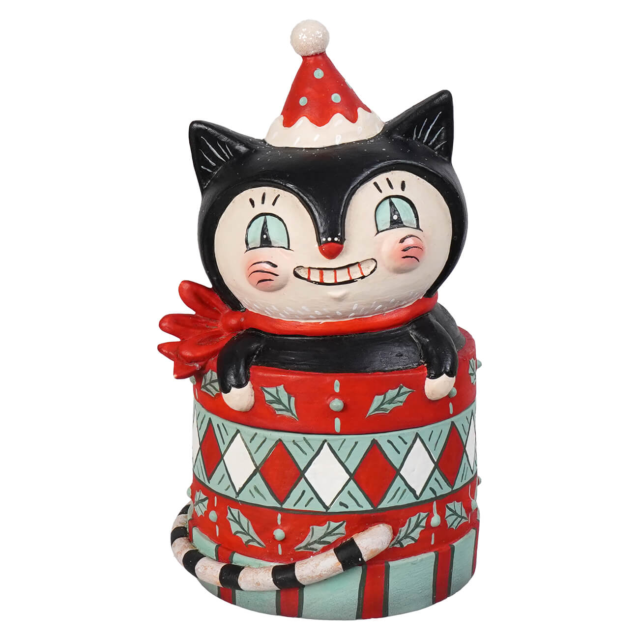 A black and white ceramic cat figurine wearing a red santa hat and scarf in the bethany lowe designs dezzy merry boo gift box