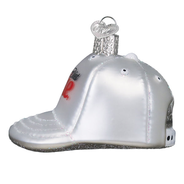 Silver glittery baseball cap ornament with red black logo and heart tag perfect as a miller lite baseball cap gift