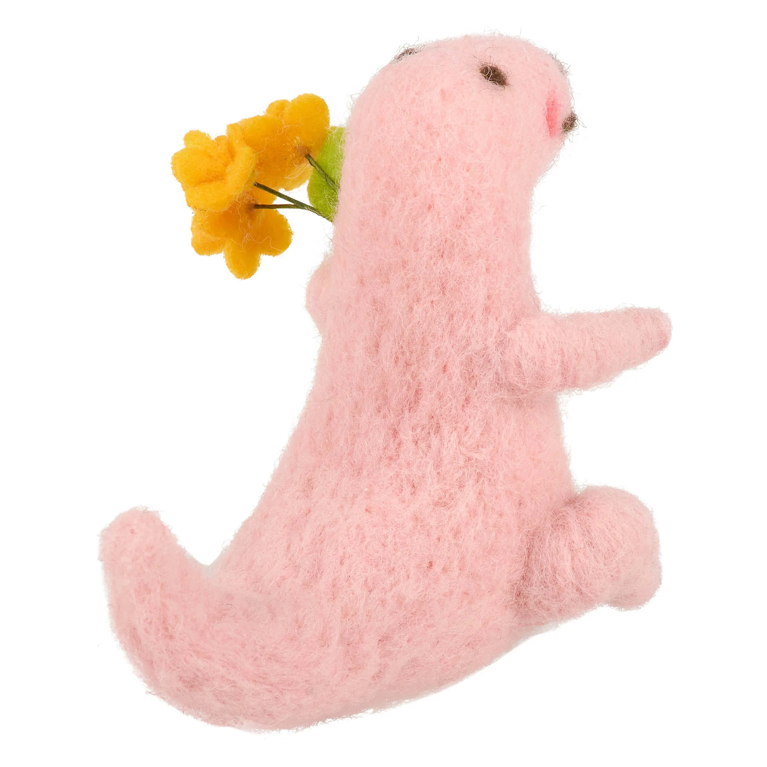 Pink felt dino critter figurine holding yellow flowers bouquet perfect for valentine’s day figural decor or flowers critter gifts