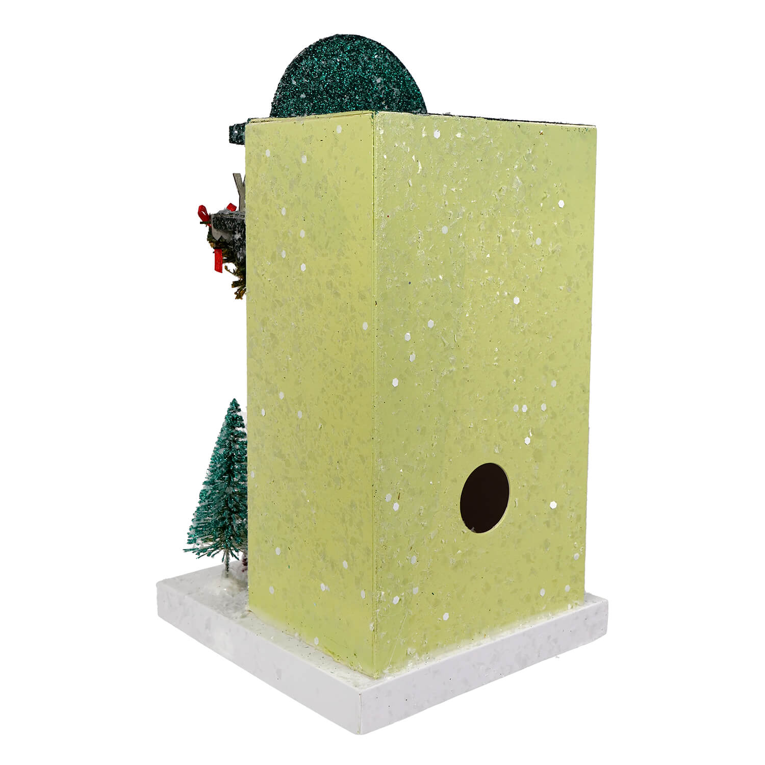 A festive light green glittery birdhouse with a dark green sparkly dome roof by cody foster for christmas house decor