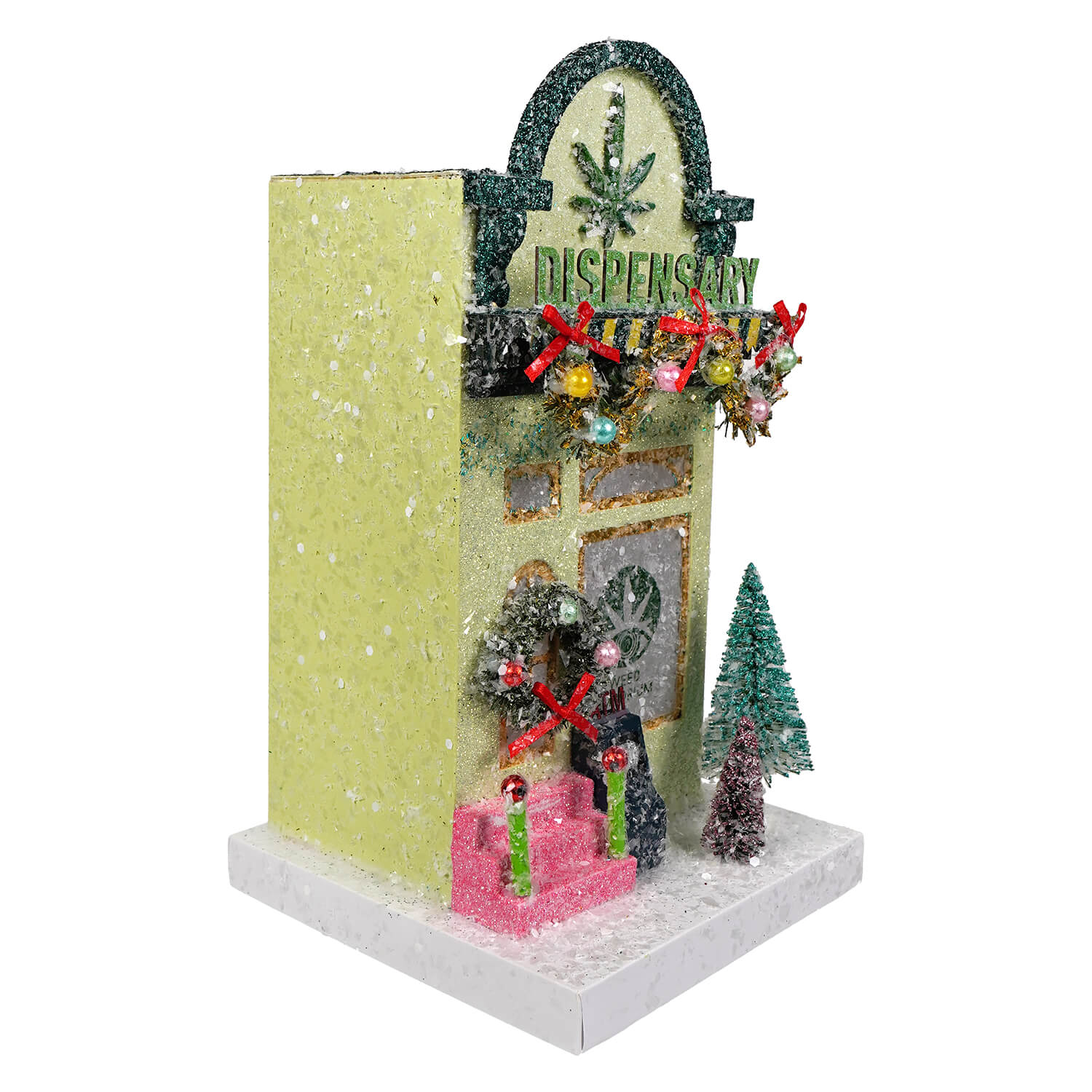 A glittery lime-green miniature dispensary village shop with black sign and red bows by cody foster christmas house