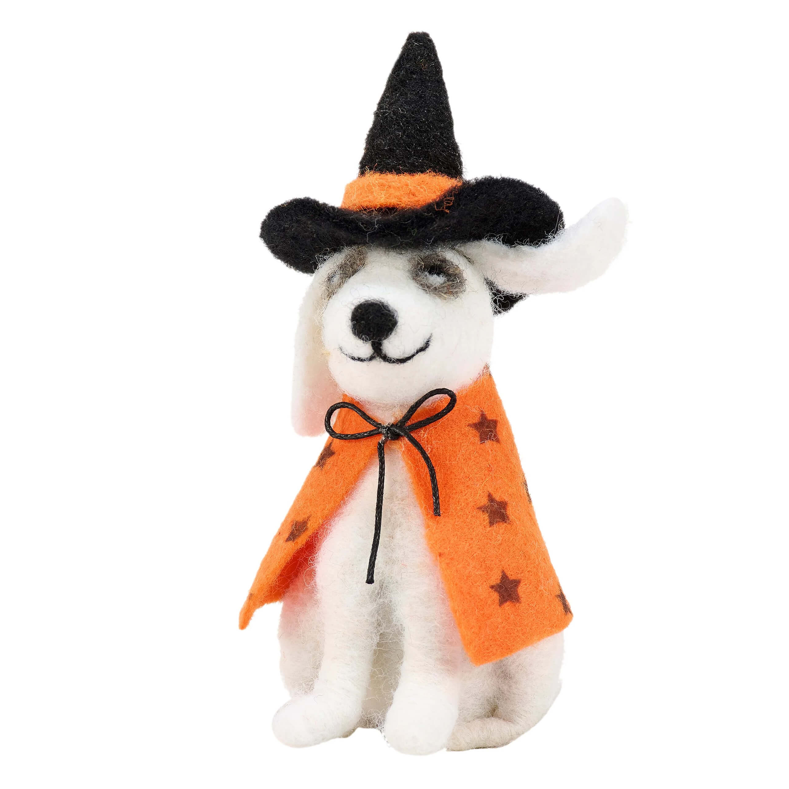 A white felt dog witch critter from kathy’s halloween collection wearing an orange star cape and black witch hat