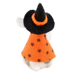 A plush dog witch critter costume from kathy’s halloween collection with a black felt hat and orange star dress