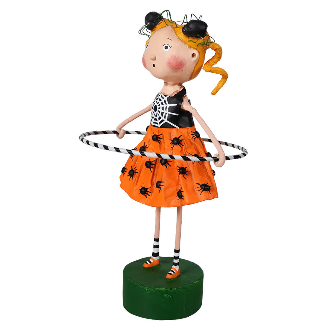 Orange spider print skirted figurine with black and white striped hula hoop from lori mitchell halloween dollys creepy crawlies