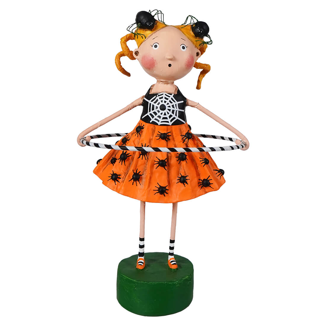 Orange halloween figurine girl with blonde pigtails black spiderweb top and orange spider skirt from dolly’s creepy crawlies lori mitchell halloween