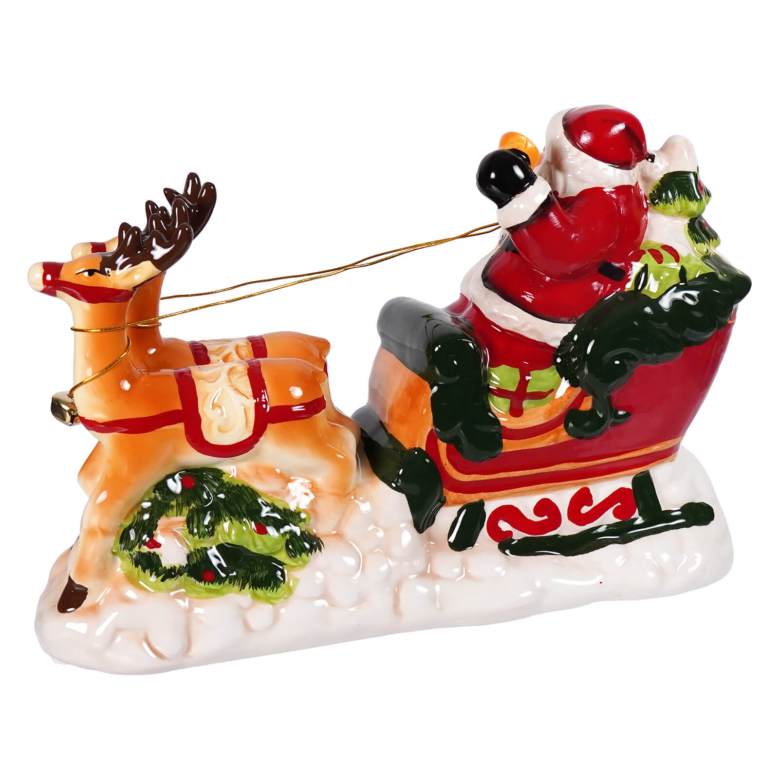 Dolomite led lighted red and white ceramic musical santa riding sleigh pulled by orange reindeer spreading holiday cheer