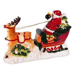 Dolomite led lighted red and white ceramic musical santa riding sleigh pulled by orange reindeer spreading holiday cheer