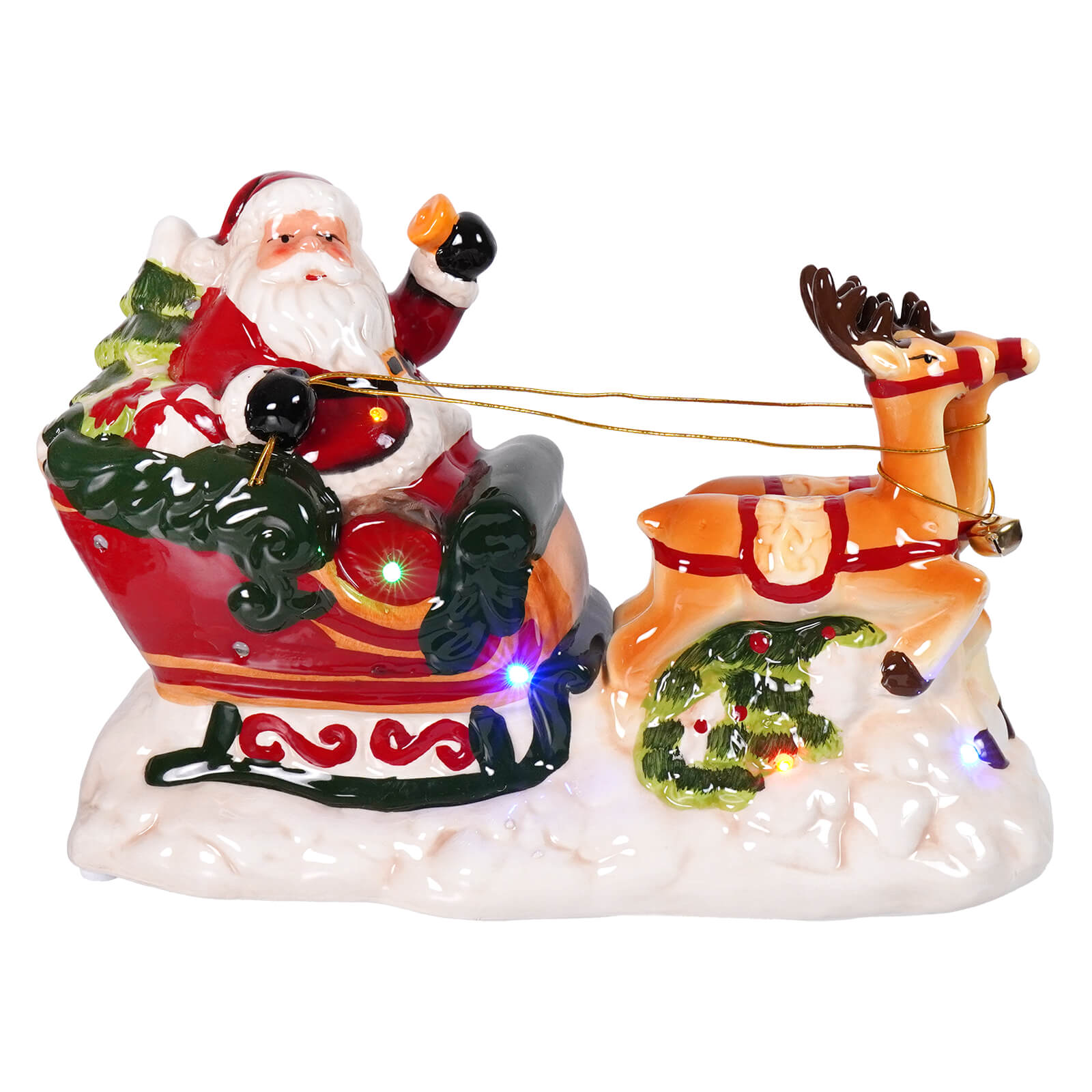 Dolomite led lighted musical santa in red and white ceramic sleigh with orange reindeer and festive greenery spreading holiday cheer
