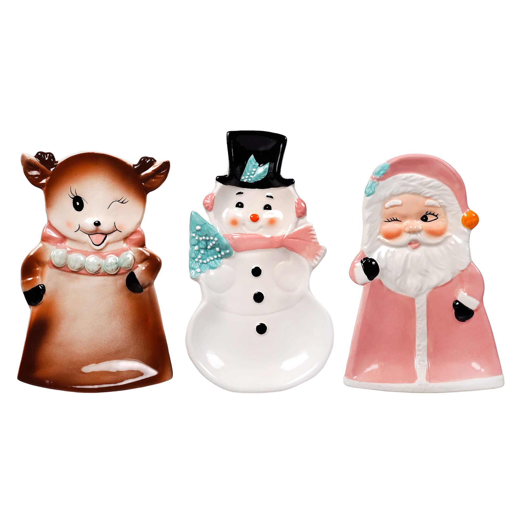 Set of three dolomite vintage pink ceramic holiday figurines featuring reindeer snowman and santa for christmas tableware