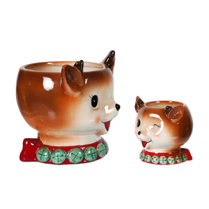 Dolomite vintage reindeer bowls set of 2 ceramic planters with glossy brown white glaze and red collars with green bells