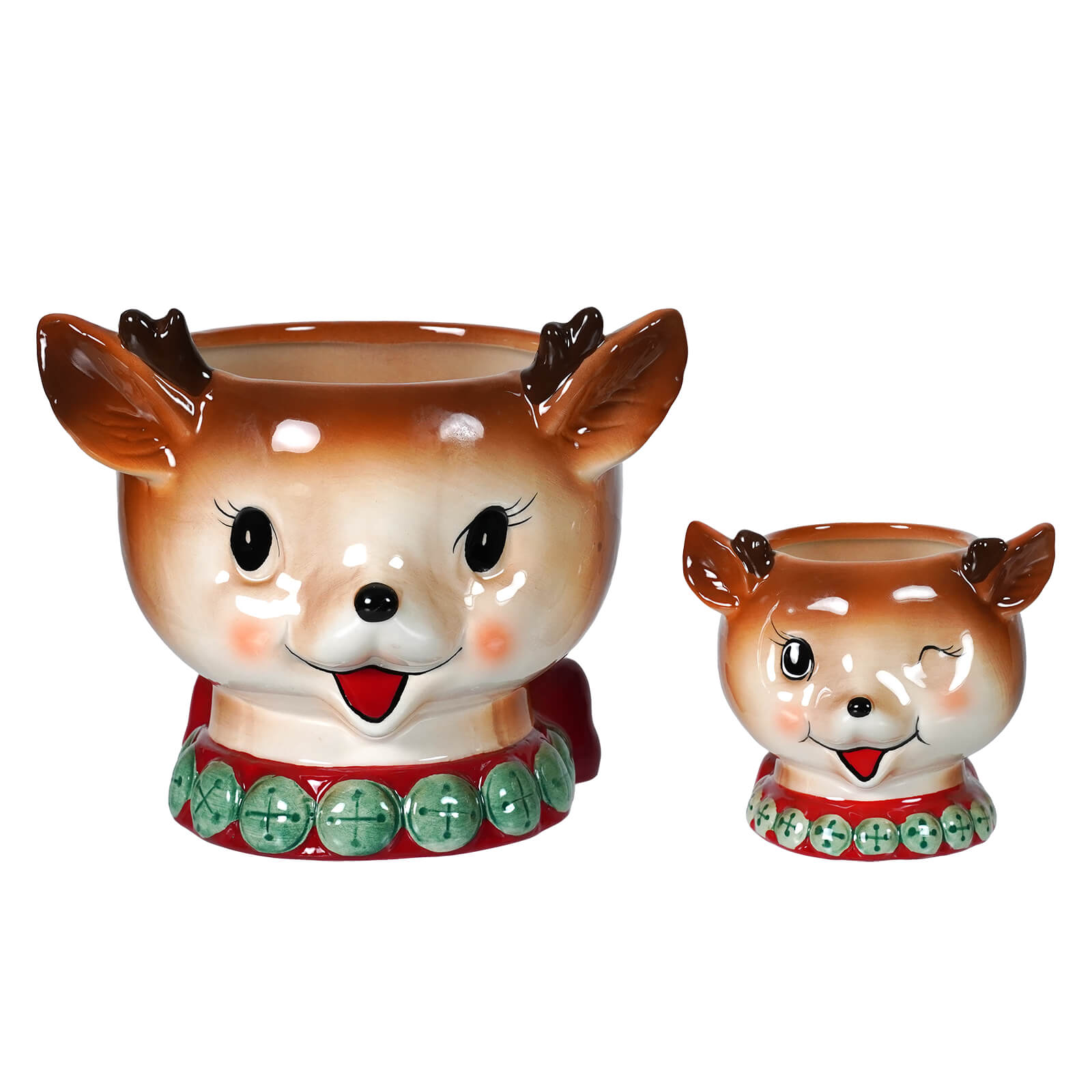 Dolomite vintage reindeer bowls set of 2 ceramic snack bowls with glossy brown white faces green beaded collars and antlers