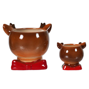Brown dolomite reindeer bowls shaped like planters with red bow ties vintage snack bowl set of 2