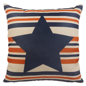 Double-sided striped americana star pillow with a bold navy blue star on vintage valentines day inspired fabric background