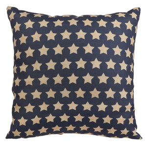 A navy blue double-sided striped americana star pillow with beige stars perfect for a valentines day pillow vibe