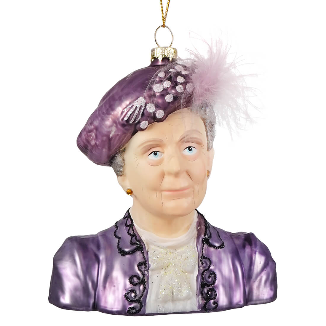 Purple glass bust ornament of the dowager countess of grantham wearing a feathered hat and embellished jacket